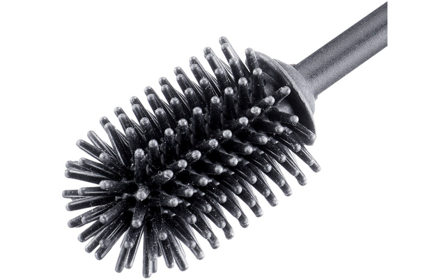 Cabezal de cepillo cilíndrico negro con cerdas cortas y flexibles unido a un mango, sobre fondo blanco