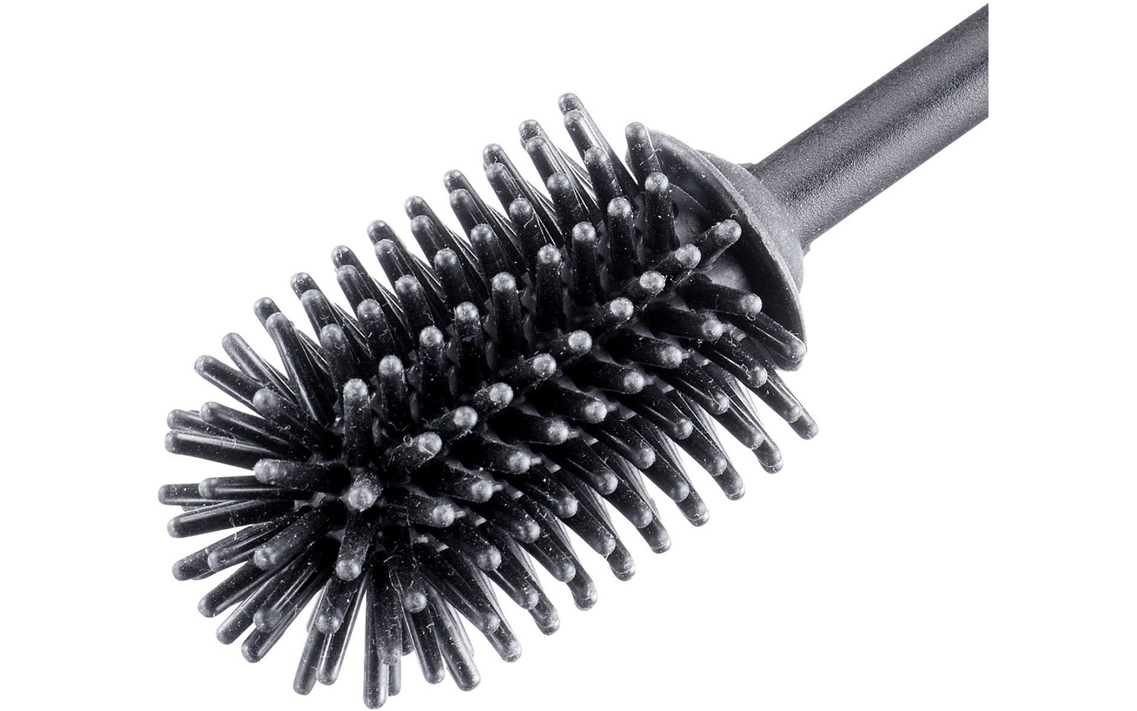 Cabezal de cepillo cilíndrico negro con cerdas cortas y flexibles unido a un mango, sobre fondo blanco