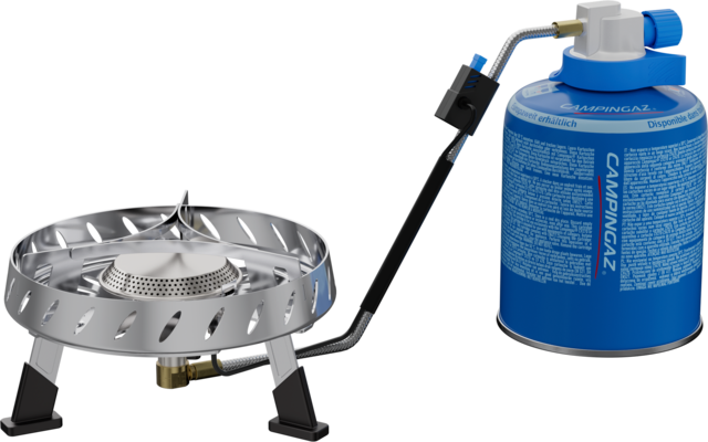 Portabler Gaskocher mit rundem Brenner auf drei Standbeinen, verbunden über einen schwarzen Schlauch mit einer blauen Gasflasche
