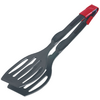 Pince de cuisine grise avec deux embouts de spatule plats et fendus et un clip de verrouillage rouge