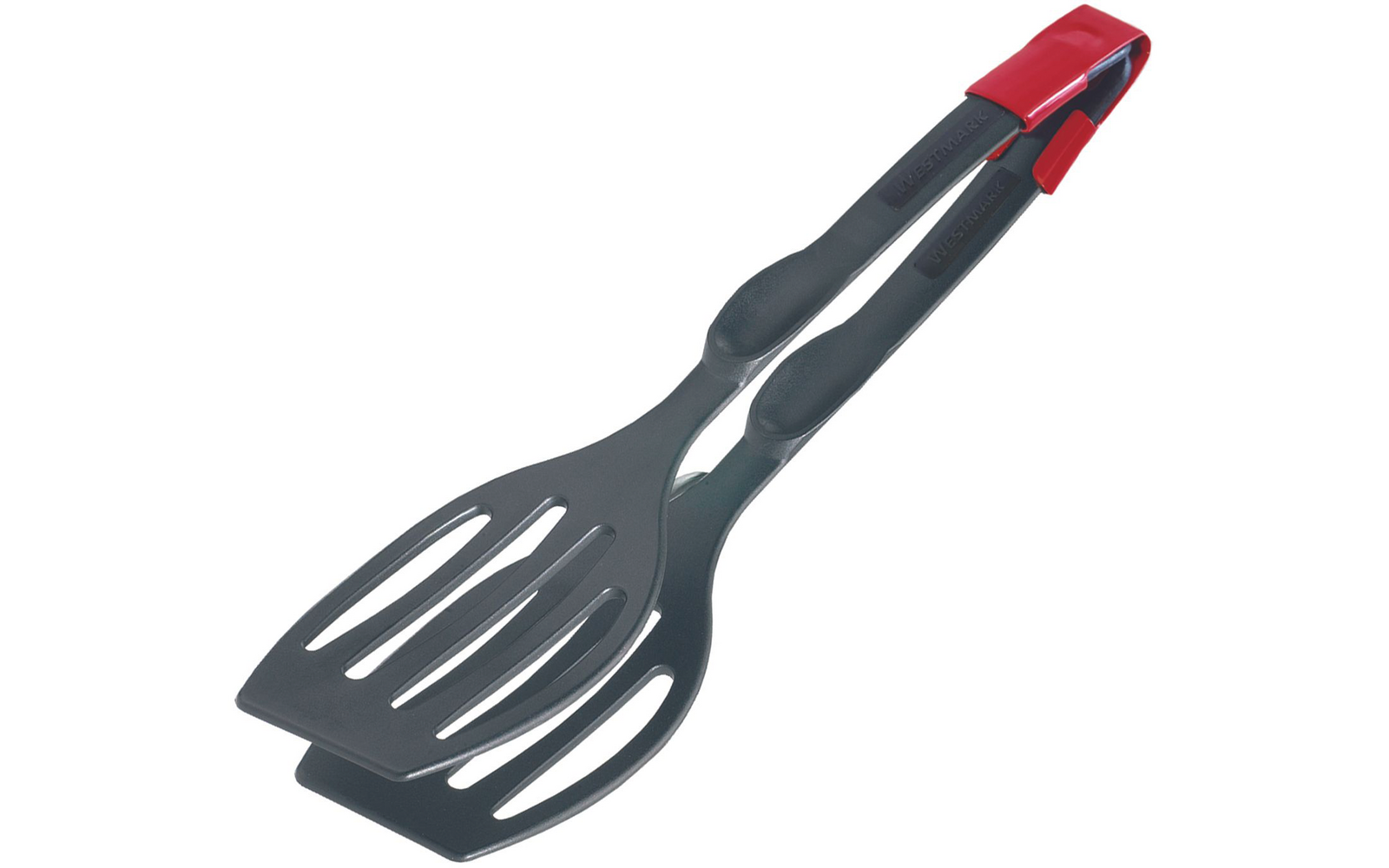 Pince de cuisine grise avec deux embouts de spatule plats et fendus et un clip de verrouillage rouge
