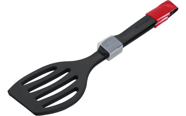 Spatule en plastique noire avec quatre fentes allongées, manche noir, pince argentée sur la tige et clip rouge à l'extrémité du manche