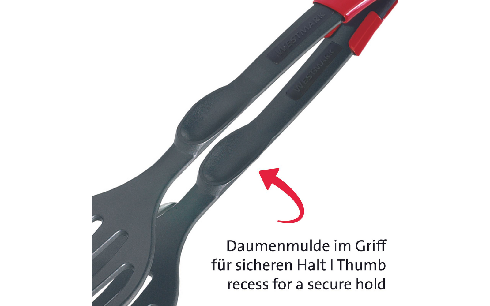 Gros plan sur deux poignées d'ustensiles de cuisine gris foncé avec une encoche pour le pouce, une flèche rouge et le texte bilingue : 'Daumenmulde im Griff für sicheren Halt | Thumb recess for a secure hold'