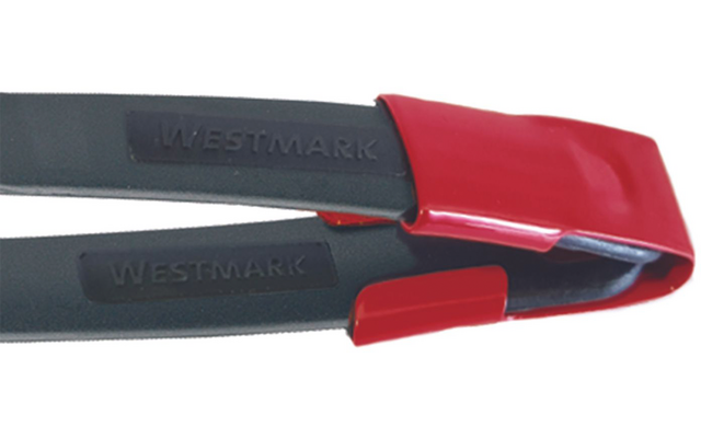 Deux pinces de cuisine noires avec embouts rouges en silicone; 'WESTMARK' en relief sur une pince
