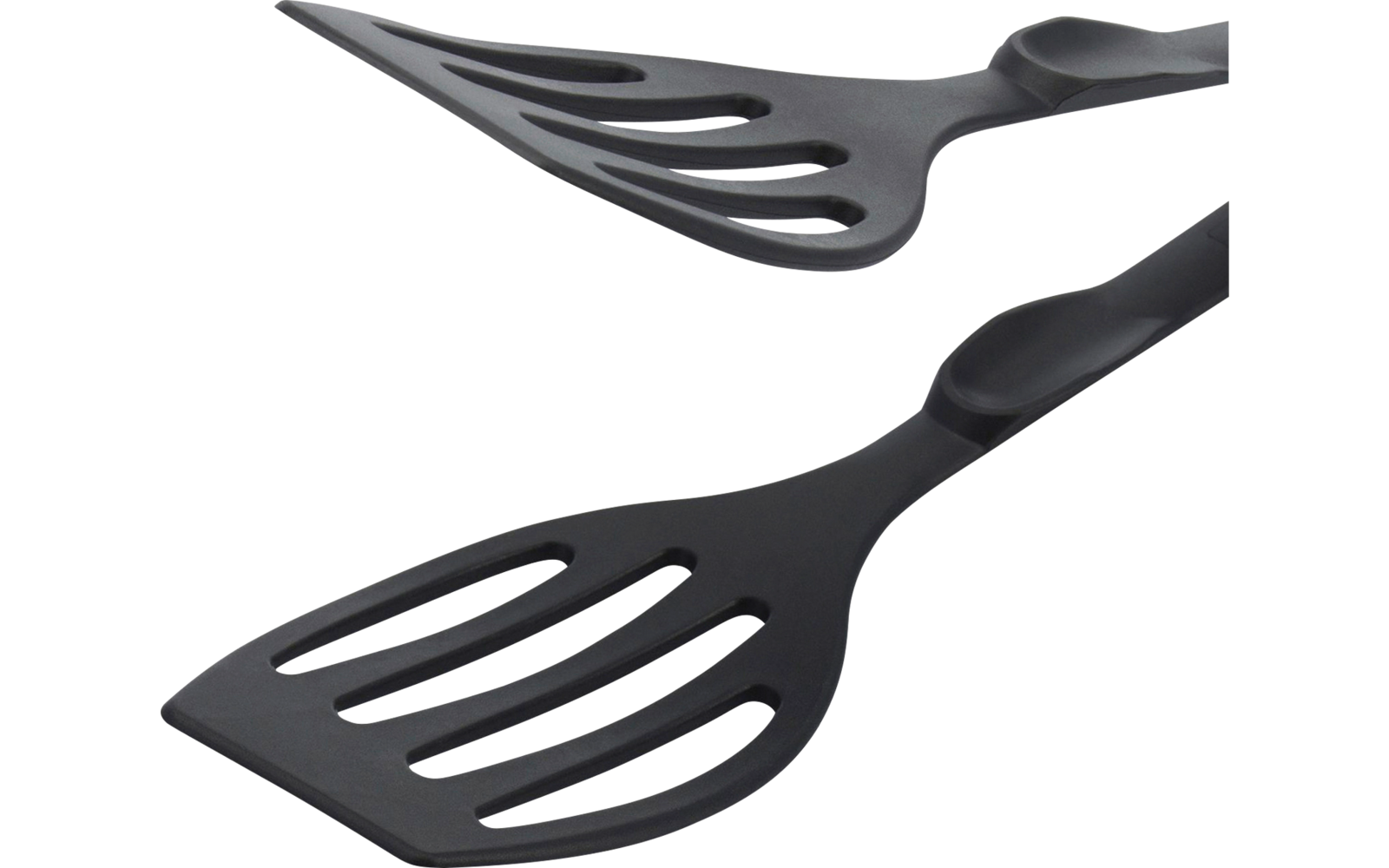 Deux spatules en plastique noir à tête plate fendue sur fond blanc
