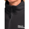 Nahaufnahme einer schwarzen Jacke mit Reißverschluss und weißem Logo
