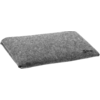 Gray heathered rectangular felt cushion with rounded corners, visible seam edge, and a small round label in one corner