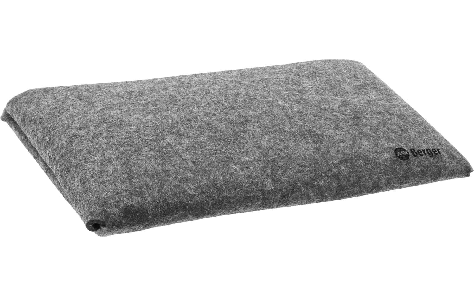 Gray heathered rectangular felt cushion with rounded corners, visible seam edge, and a small round label in one corner