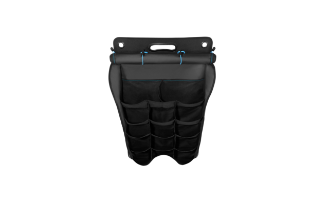 Schwarzer Werkzeugtaschenorganizer mit mehreren Taschen, hängend
