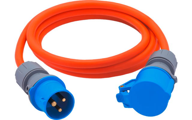 Orange aufgewickeltes Kabel mit blauem dreipoligem Stecker (drei runde Metallstifte) und blauer Kupplung mit geschlossenem Klappdeckel; graue Hüllen an den Enden
