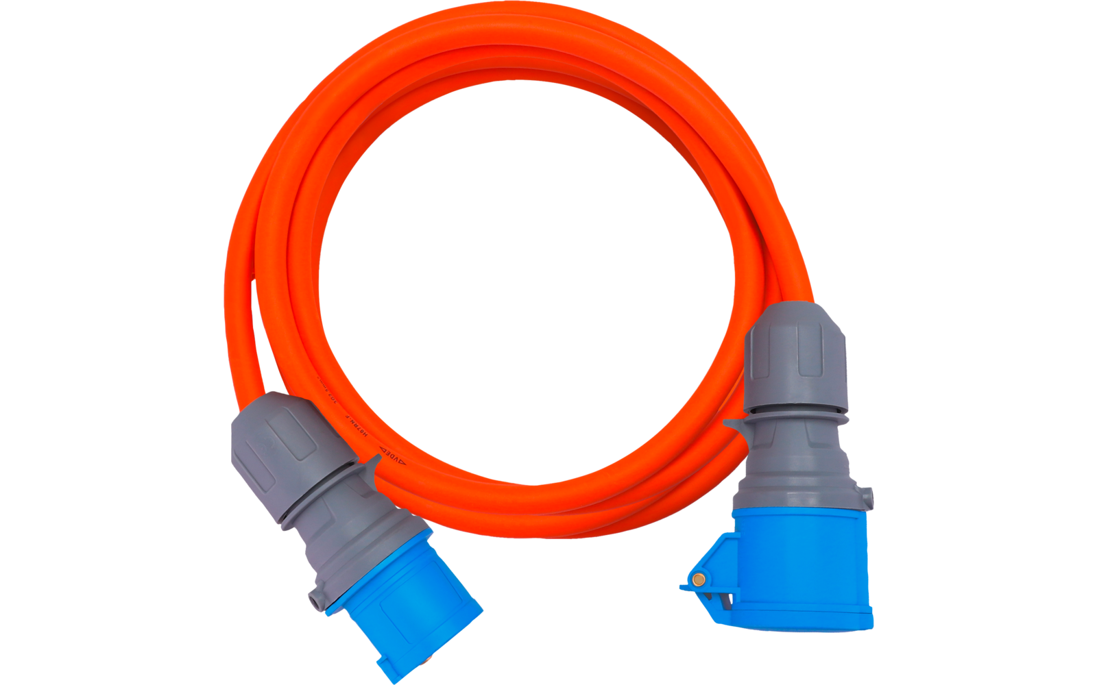 Aufgerolltes oranges Kabel mit blauen und grauen Steckverbindern an beiden Enden auf weißem Hintergrund