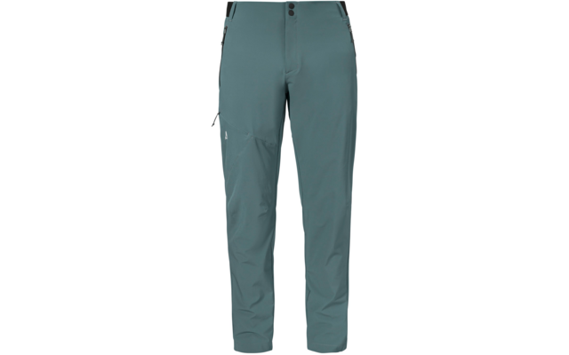 Vorderansicht einer grünen Hose mit zwei Knöpfen am Bund, seitlichen Reißverschlusstaschen und schmal zulaufenden Beinen