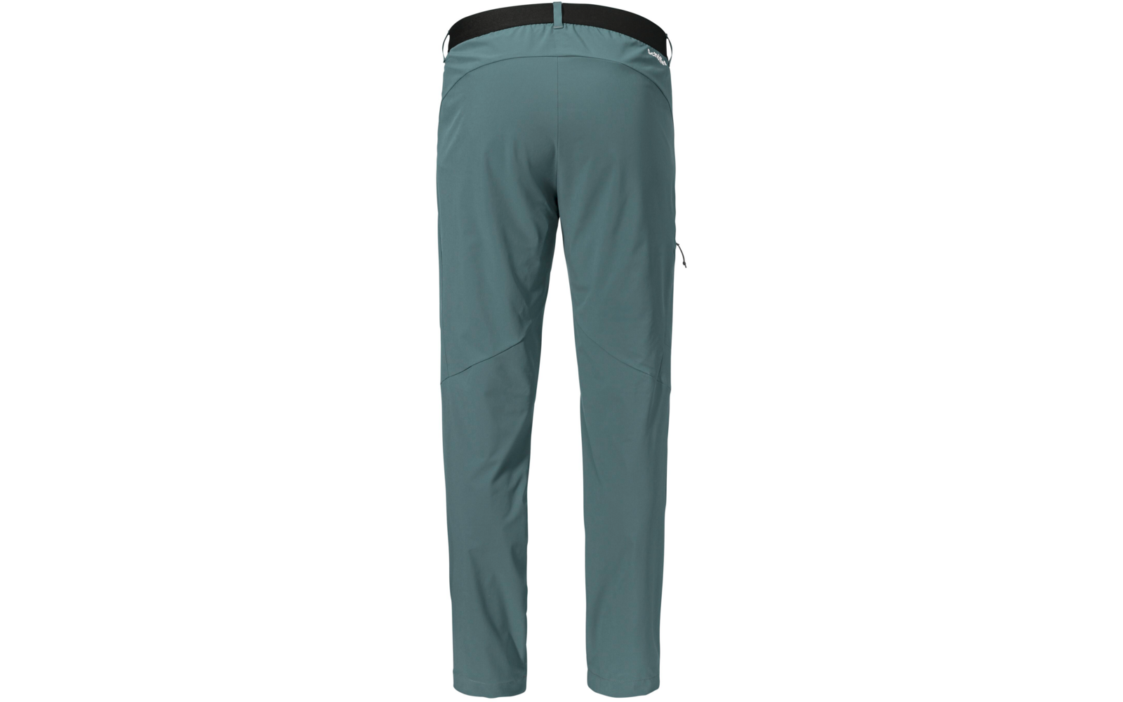 Rückansicht einer blaugrünen Hose mit schwarzem Bund, Gürtelschlaufen, seitlicher Reißverschlusstasche rechts und sichtbaren Nähten