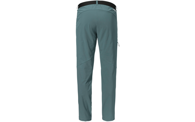 Rückansicht einer blaugrünen Hose mit schwarzem Bund, Gürtelschlaufen, seitlicher Reißverschlusstasche rechts und sichtbaren Nähten