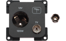 Dunkelgraues quadratisches Panel mit vier Montageöffnungen, runde 12V-Steckdose beschriftet "12V" und "120W", koaxialer TV-Anschluss beschriftet "TV", einzelne sechseckige Mutter rechts