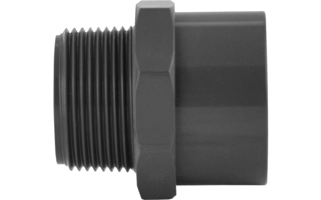 Pezzo in plastica nero con filettatura esterna a sinistra, sezione cilindrica liscia a destra e parte esagonale al centro