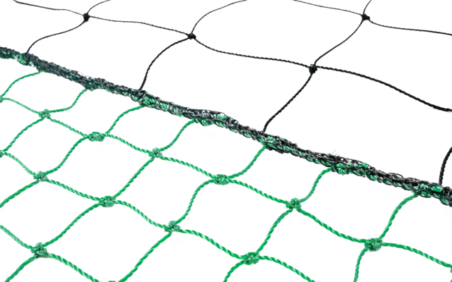 Green net with diamond-shaped openings, a black net overlapping it, on a white background