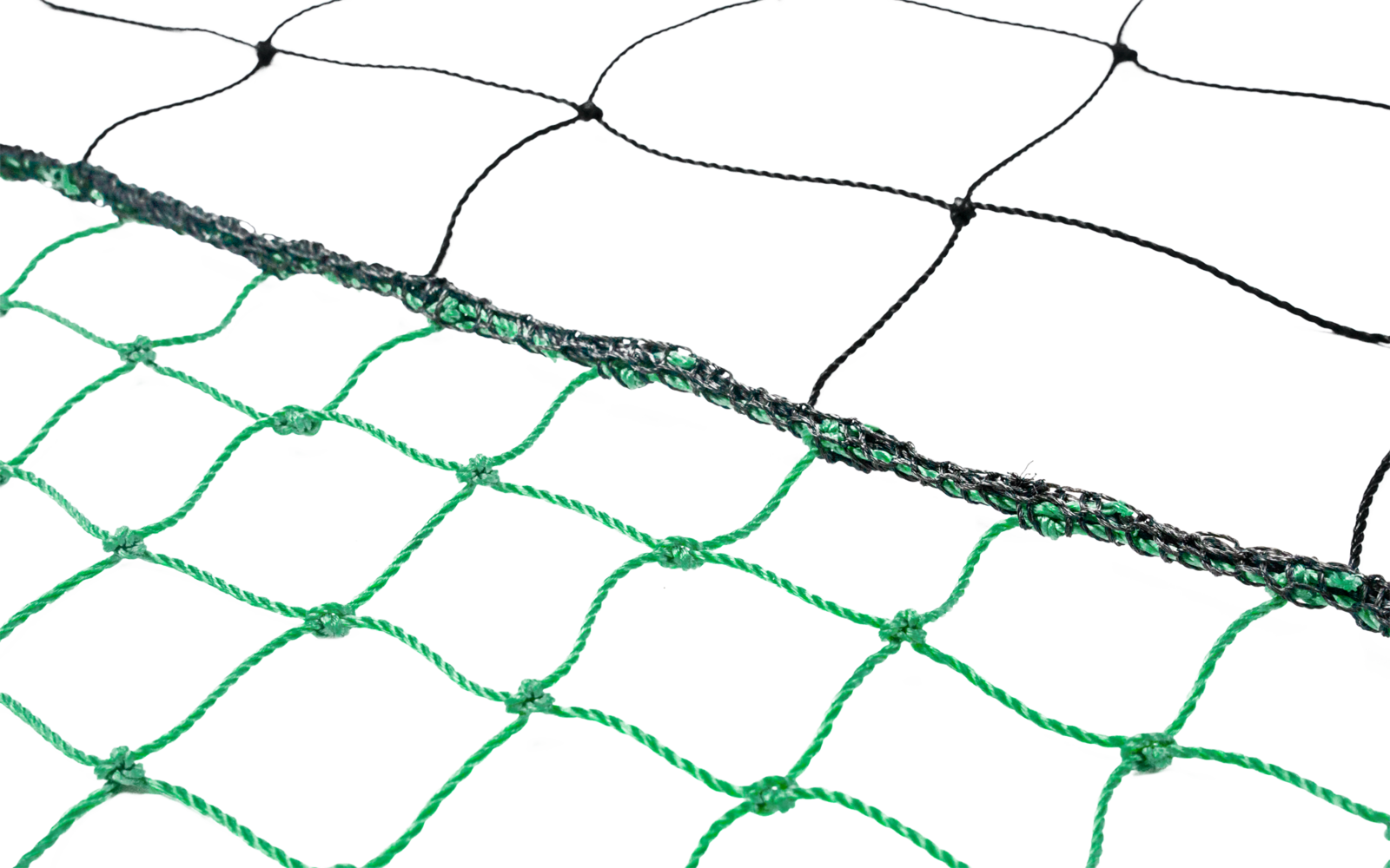 Green net with diamond-shaped openings, a black net overlapping it, on a white background