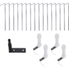 Several silver metal rods with curved top ends at the top; a black rectangular metal bracket with a vertical peg at bottom left; four white coiled ropes with black clips at bottom right