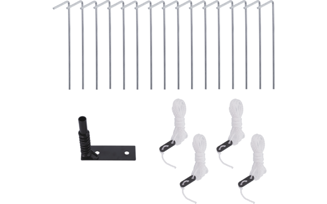 Several silver metal rods with curved top ends at the top; a black rectangular metal bracket with a vertical peg at bottom left; four white coiled ropes with black clips at bottom right