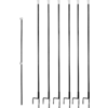 Seven thin black vertical poles side by side with curved hooks at the bottom on a white background