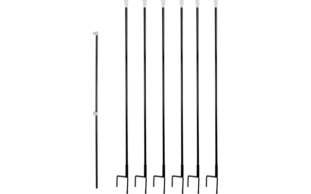 Seven thin black vertical poles side by side with curved hooks at the bottom on a white background