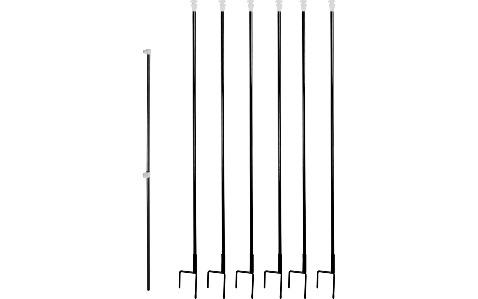 Seven thin black vertical poles side by side with curved hooks at the bottom on a white background
