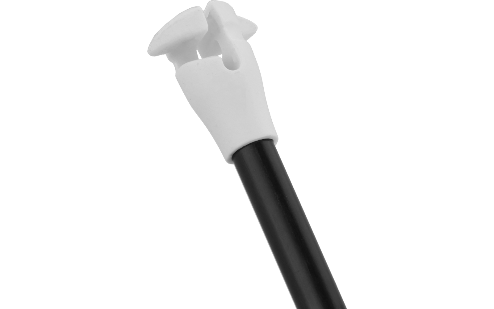White plastic cap with a cross-shaped top and a vertical slot on a black cylindrical rod