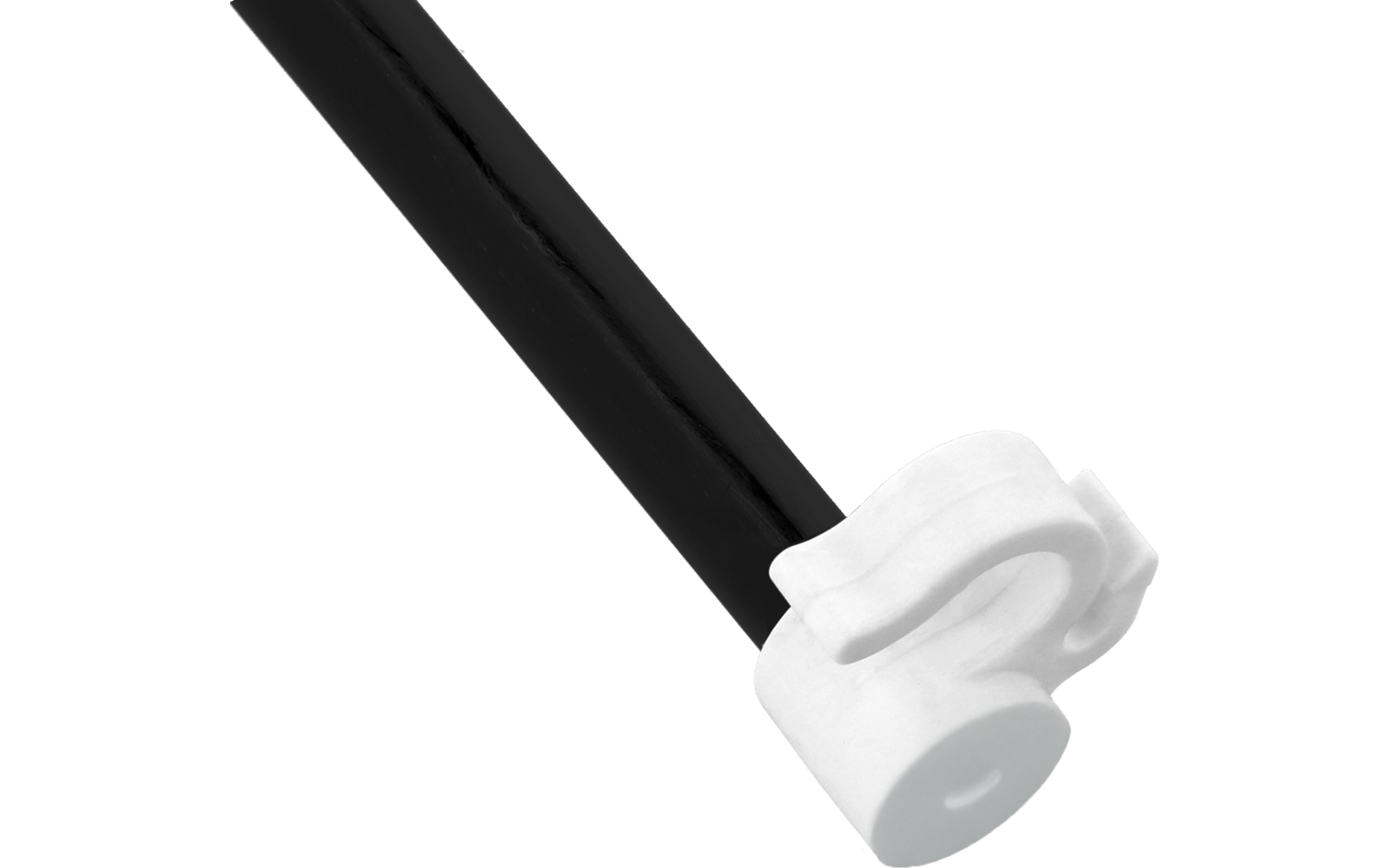 Black cylindrical rod with a white plastic clip at one end on a white background