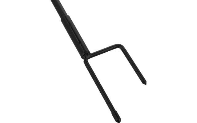 Black metal tool with a long handle and two parallel prongs