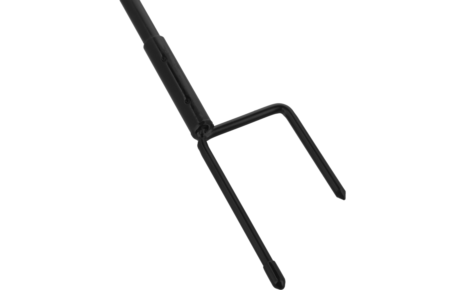 Black metal tool with a long handle and two parallel prongs