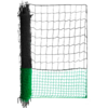 Rectangular net with square mesh pattern, upper section black, lower section green, left edge rolled with black and green material and white ties at the top