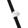 White plastic clip around a black round cable on a white background