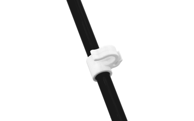 White plastic clip around a black round cable on a white background