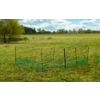 Low green mesh fence on a grassy field with posts and taut ropes, trees at left and a cloudy sky