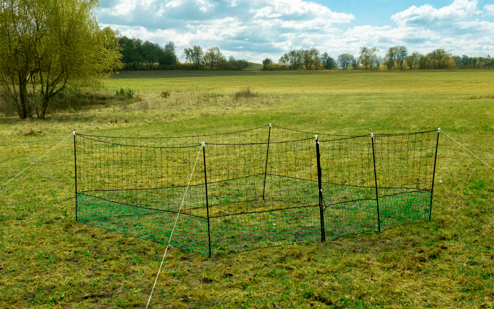 Low green mesh fence on a grassy field with posts and taut ropes, trees at left and a cloudy sky