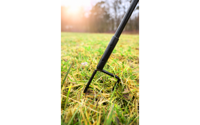 Close-up of a three-pronged hand cultivator with a black handle in yellowish dry grass, blurred trees and sunlight in the background