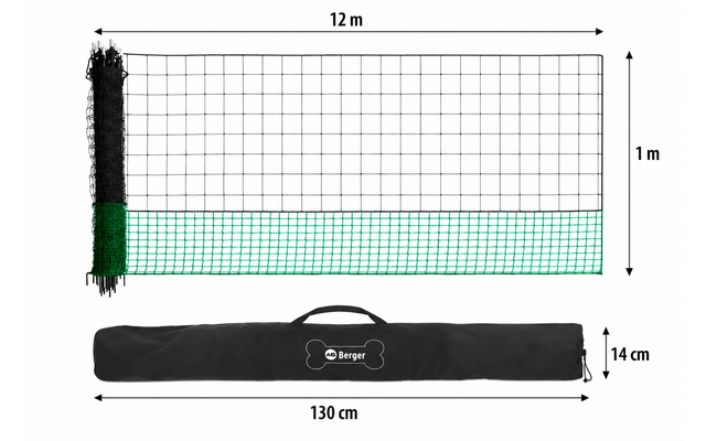 Rectangular grid net, 12 m wide and 1 m high; left side dark shaded, lower band green. Below, black carry bag with handle, white "Berger" logo and dimensions 130 cm x 14 cm