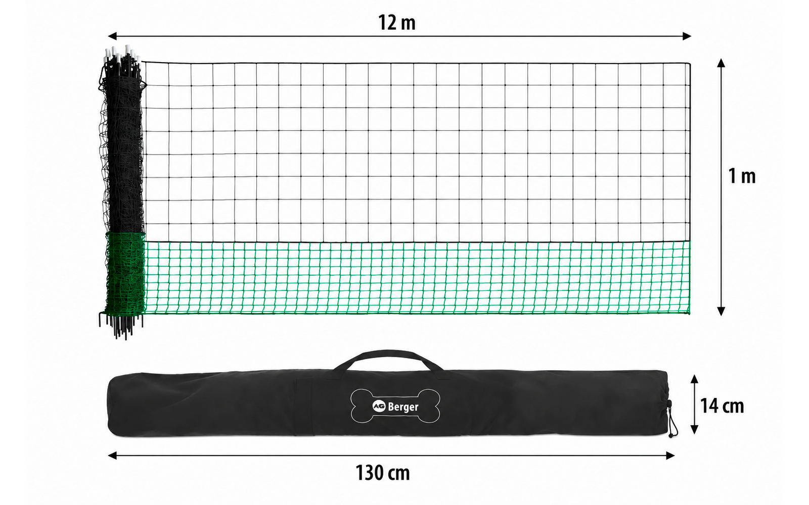 Rectangular grid net, 12 m wide and 1 m high; left side dark shaded, lower band green. Below, black carry bag with handle, white "Berger" logo and dimensions 130 cm x 14 cm
