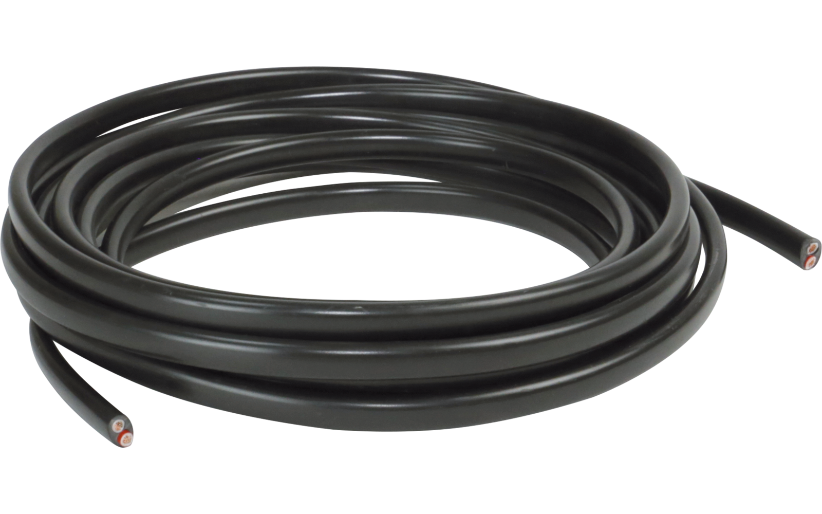 Aufgerolltes schwarzes Kabel, an den abgeschnittenen Enden sind zwei sichtbare, farbig isolierte Leiter