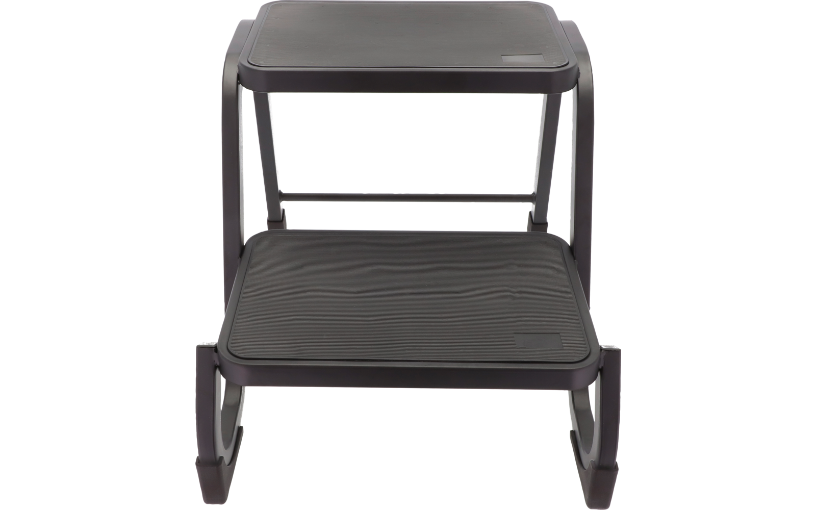 Dunkles, zweistufiges Objekt mit zwei rechteckigen Stufen, gebogenen Seitenteilen und einer Querstrebe