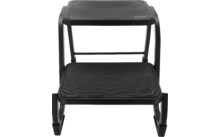 Taburete de dos peldaños negro con dos plataformas rectangulares y soportes laterales curvos