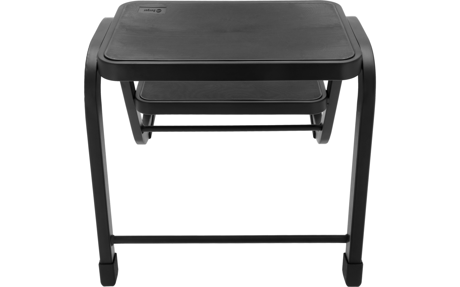 Schwarzes rechteckiges Gestell mit erhöhter oberer Plattform, zwei darunterliegenden Ablageflächen und gebogenen Seitenbeinen