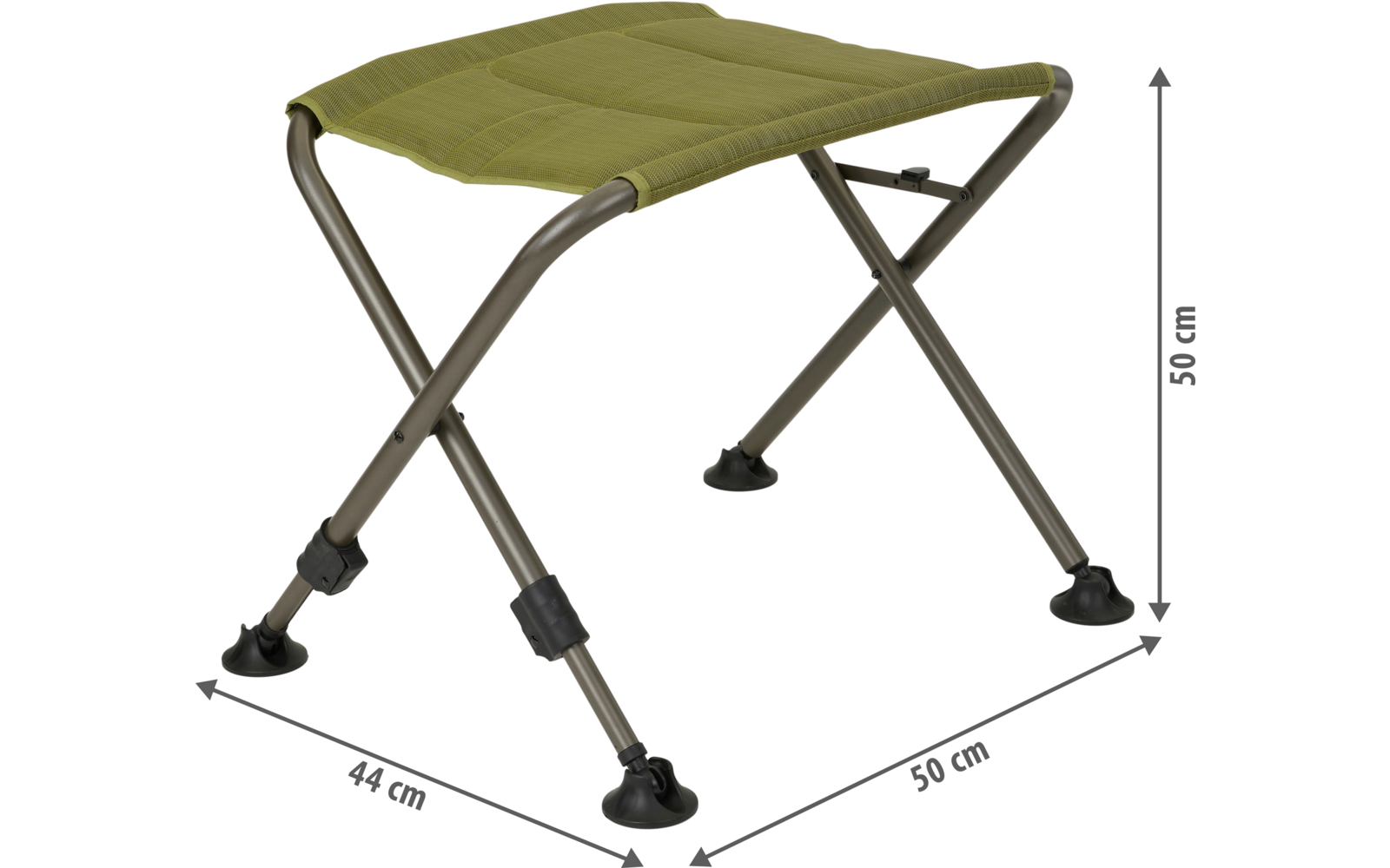 Hocker mit grünem Stoffsitz, grauem Metallgestell mit gekreuzten Beinen und runden schwarzen Gummifüßen; Maßangaben 44 cm und 50 cm