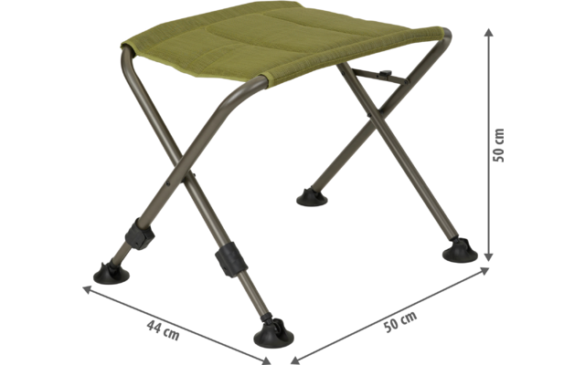 Hocker mit grünem Stoffsitz, grauem Metallgestell mit gekreuzten Beinen und runden schwarzen Gummifüßen; Maßangaben 44 cm und 50 cm