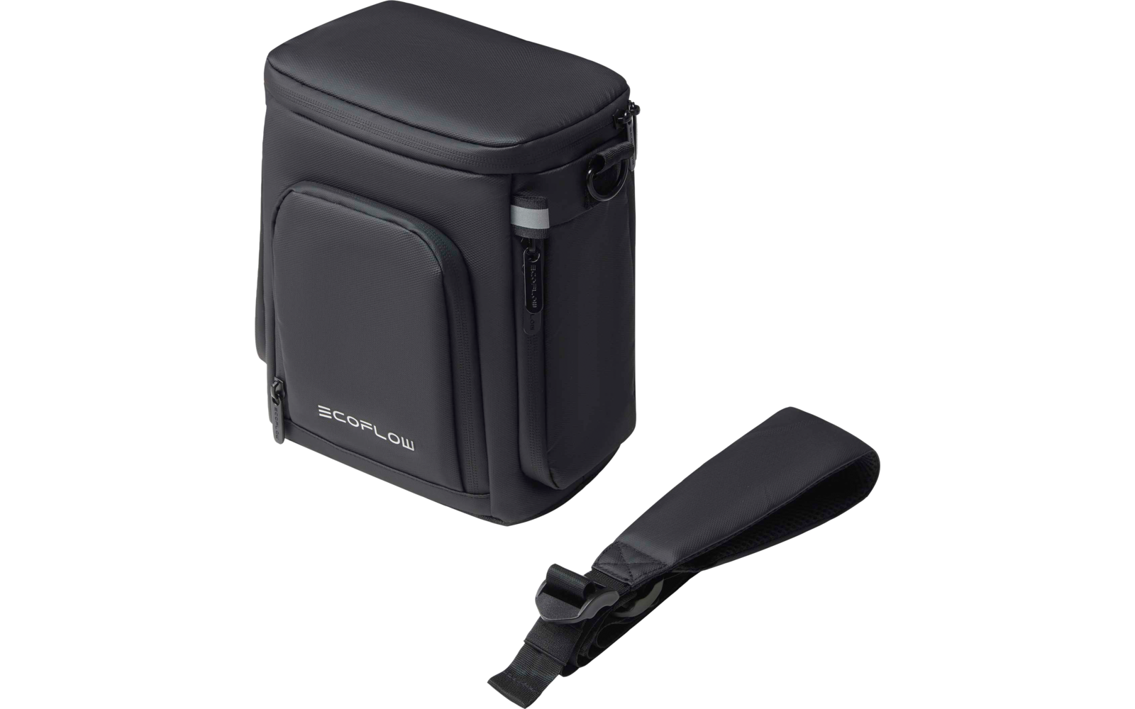 Zwarte rechthoekige tas met voorvak, afneembare schouderriem ernaast en tekst ECOFLOW op de voorkant
