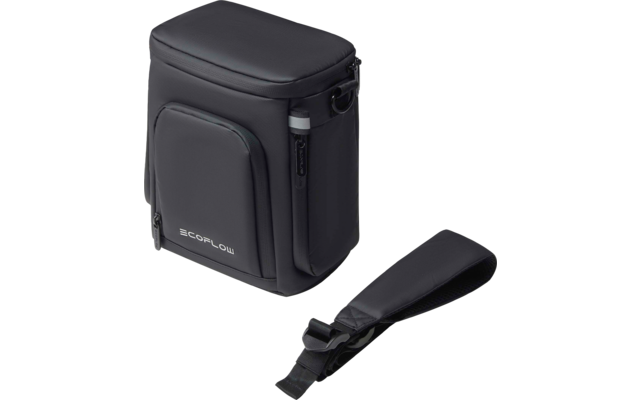 Zwarte rechthoekige tas met voorvak, afneembare schouderriem ernaast en tekst ECOFLOW op de voorkant