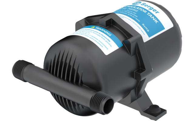 Schwarzes zylindrisches Kunststoffgerät mit zwei blauen Etiketten, vorn gerippte Abdeckung, seitlich gerades Rohr mit Gewinde und flacher Montagebügel mit Bohrung