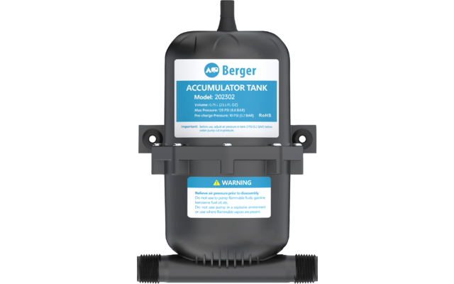 Depósito acumulador gris-negro con etiqueta azul-blanca 'Berger ACCUMULATOR TANK Model: 202302', dos conexiones en la base y pegatina de advertencia en el frente
