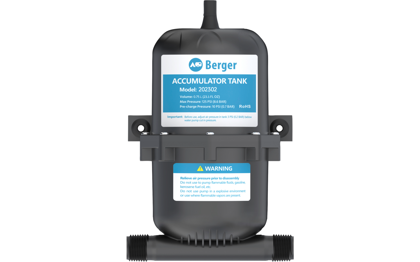 Depósito acumulador gris-negro con etiqueta azul-blanca 'Berger ACCUMULATOR TANK Model: 202302', dos conexiones en la base y pegatina de advertencia en el frente